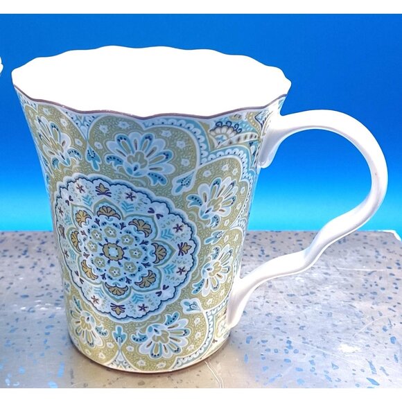 222 Fifth Lyria Teal Paisley Medallion Coffee Mugs Set Of 4 Porcelain Scalloped - Picture 11 of 14